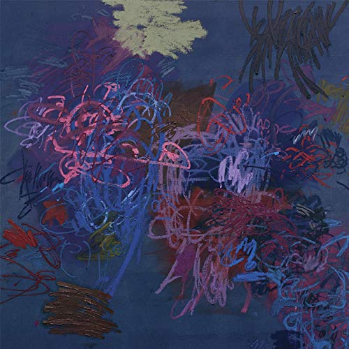 The image depicts a blue-toned abstract artwork with swirling pink, blue, and red lines.