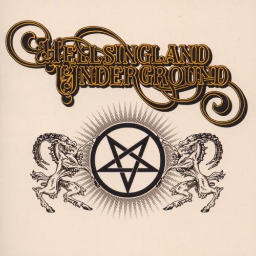 "Hellsingland Underground" album cover featuring horses and a pentagram on a beige background.