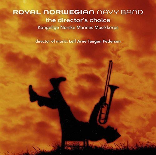 "CD cover with silhouette of person sitting on chair with trumpet, against orange cloudy background."