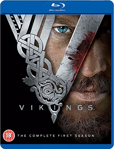 "Blu-ray case for 'Vikings S1' with a man's face and sword, blood on blade."