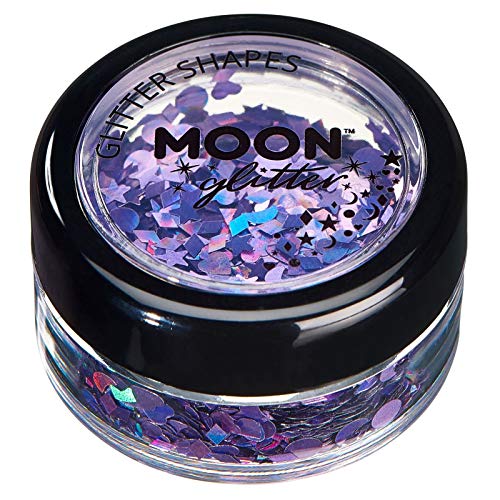 Holographic Glitter Shapes by Moon Glitter - Purple - Cosmetic Festival Makeup Glitter for Face, Body, Nails, Hair, Lips - 3g