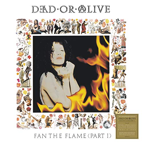 Dead or Alive album cover: woman with flames, ornate border.