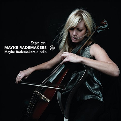 Woman playing cello, blonde hair, black background, white text "Stagioni MAYKE RADEMAKERS".
