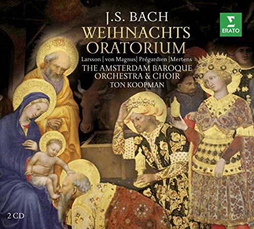 "CD cover with nativity scene painting and gold text, featuring 'J.S. Bach Weihnachts Oratorium'."
