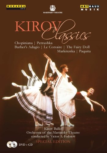 "Kirov Classics" DVD cover featuring three ballet dancers in white dresses dancing on stage.