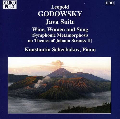 CD cover for Leopold Godowsky’s Java Suite with a volcanic landscape.