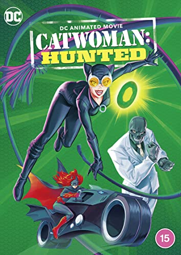 Catwoman in a black suit leaps towards a villain and Batwoman on a motorcycle.