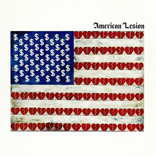 "Album cover art: distorted American flag with dollar signs and broken hearts."