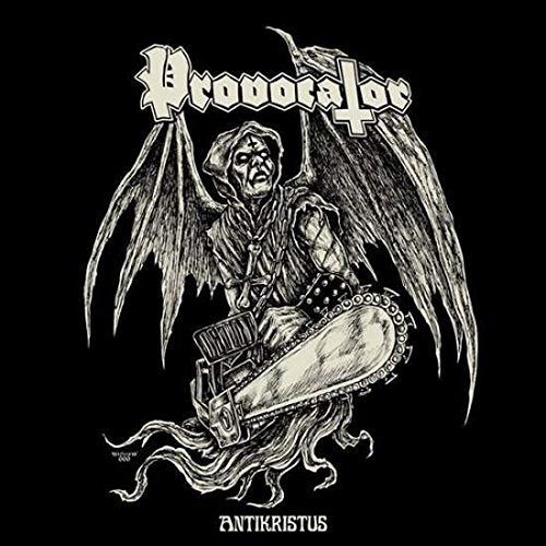 Black and white album cover depicting a winged, demonic figure with a chainsaw.