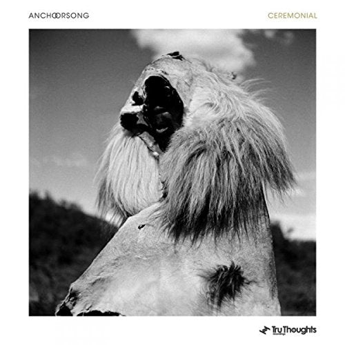 "Black and white album cover featuring a shaggy, hooded figure against a cloudy sky."