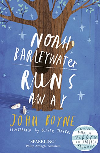 The image depicts a children's book cover featuring a tree and the title "Noah Barleywater Runs Away". Here is a concise, descriptive alt text: "Children's book cover with a tree and white, yellow text."