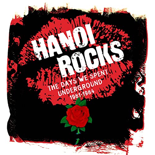 Hanoi Rocks CD cover with red splatter, white text, and a red rose.