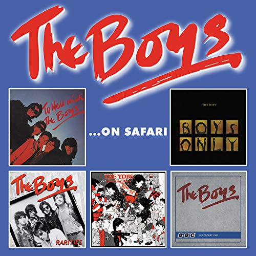 The image depicts a collection of five CDs in a box, titled "The Boys... On Safari".