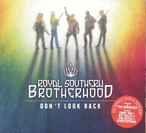 "CD cover featuring five musicians with rainbow background and white text."