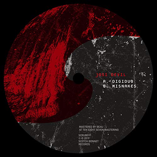 Vinyl record label with red and black yin-yang inspired design.