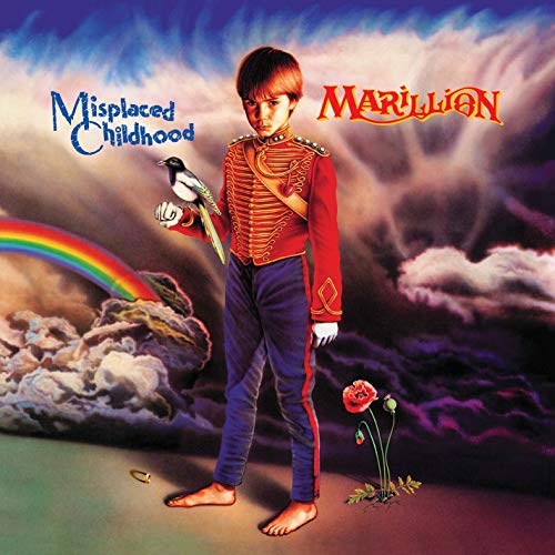 "Album cover art: boy in red uniform holding a bird, surreal background."