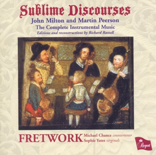 "Album cover with Renaissance-era musicians, beige background, and red and blue text."