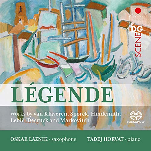 "CD cover with abstract painting and green text 'Legende' and musician names."