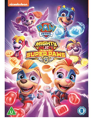 Paw Patrol Mighty Pups Super Paws DVD cover with superhero pups.