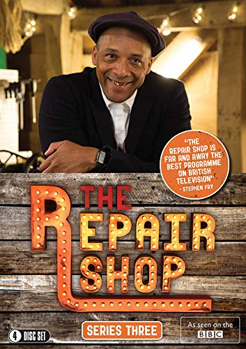 DVD cover for "The Repair Shop: Series Three" with a man leaning on a wooden counter.