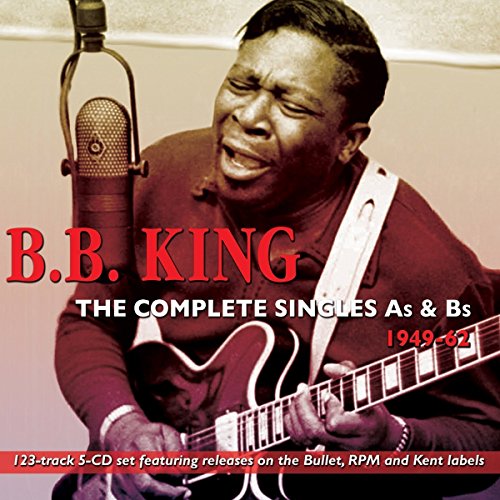 B.B. King playing guitar, with microphone, on a music album cover.