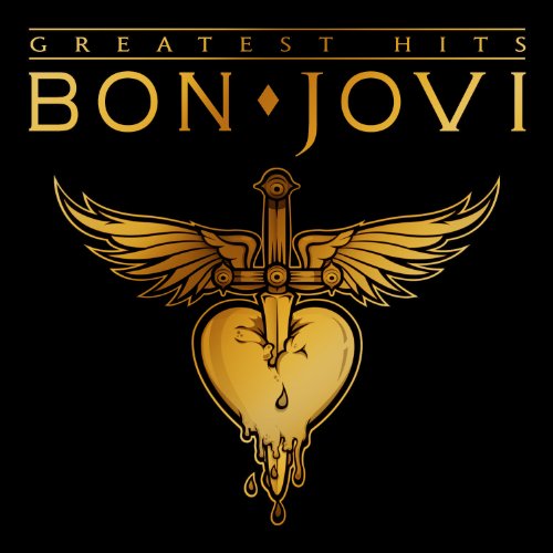 "Bon Jovi Greatest Hits CD cover with a golden heart and sword on black background."