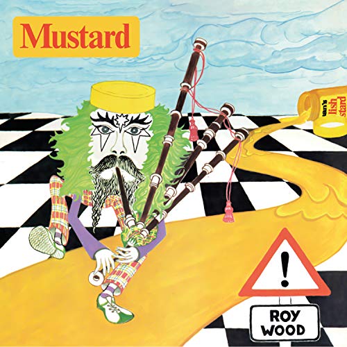 Album cover art featuring a cartoon man with bagpipes on a checkered road.
