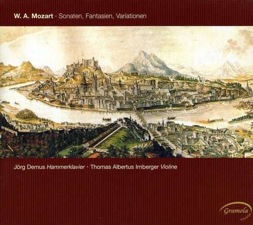 CD cover: landscape painting with a city, Mozart sonatas recording.