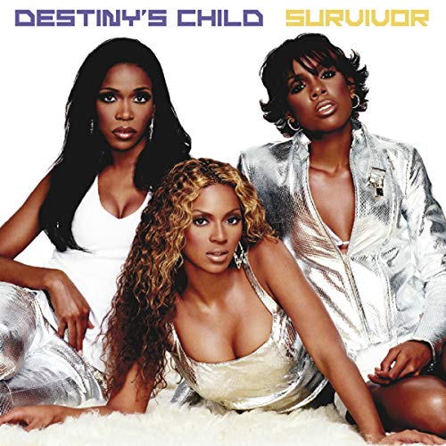Album cover with three women in shiny outfits, white background, text "Destiny's Child Survivor".
