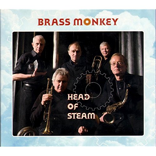 "CD cover featuring five men holding brass instruments, with cloudy sky background."