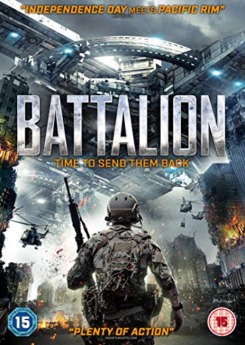 DVD cover for "Battalion" featuring soldiers and a massive alien structure.