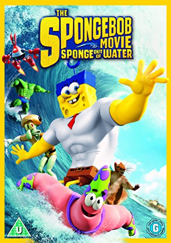 SpongeBob and friends surfing a large wave, movie poster image.