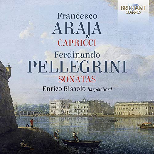 CD cover featuring classical composers Araja and Pellegrini, with a canal scene.
