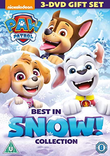 Paw Patrol characters in snow, DVD cover for "Best in Snow" collection.