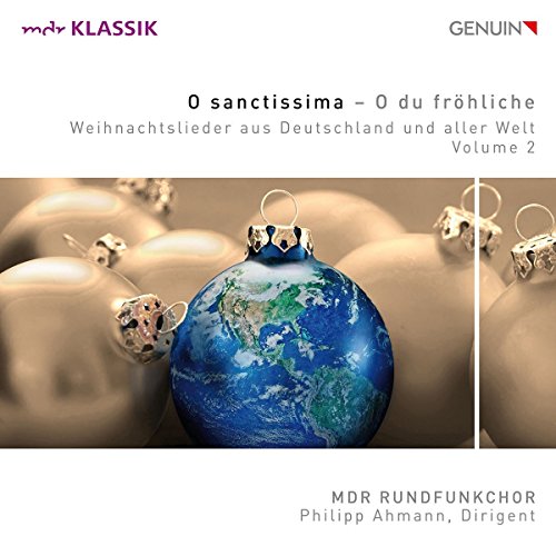 "CD cover featuring a blue globe ornament surrounded by gold ornaments on a beige background."