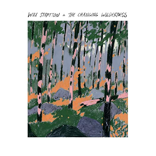 Album cover with abstract forest scene in green, orange, and gray on white background.