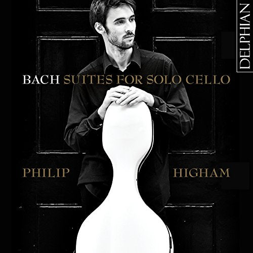 Man holding a cello case, black and white album cover with gold text.