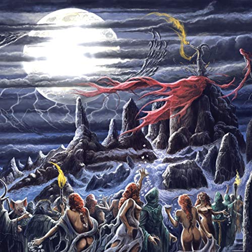 Dark fantasy album cover with a large moon, figures, and rocky landscape.