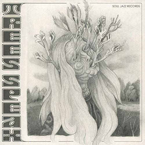 Pencil drawing of a fantastical tree with text and record label logos.