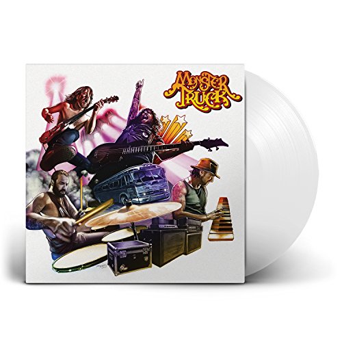 White vinyl record with album cover featuring band members playing instruments and a van.