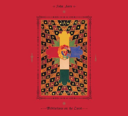Red CD cover with ornate gold frame around a colorful tarot-inspired design.