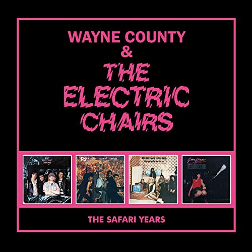 "Black album cover with pink text and border, featuring four small album art images."
