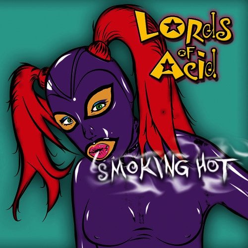 "Lords of Acid album cover: cartoon purple woman with red hair, green eyes, on teal background."