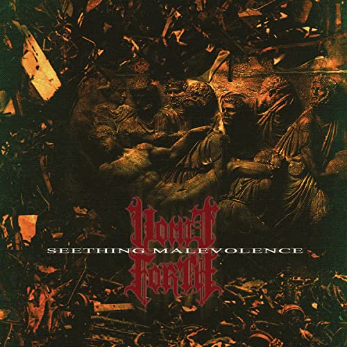 Dark, textured album cover with crumbling statues and band logo “Vomit Forth”.