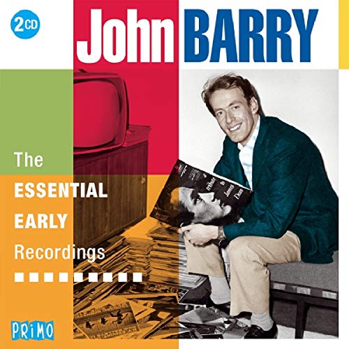 "CD cover with John Barry holding a record, surrounded by vinyl records and a TV."