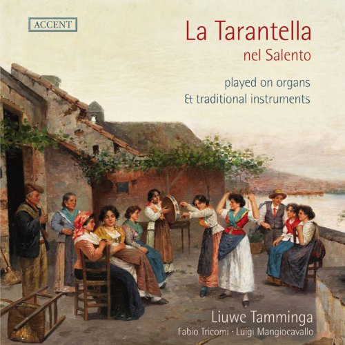 A CD cover with a painting of people dancing outside a Mediterranean building.
