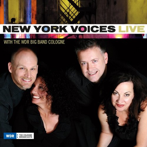 "Album cover with four smiling vocalists and 'New York Voices Live' title."