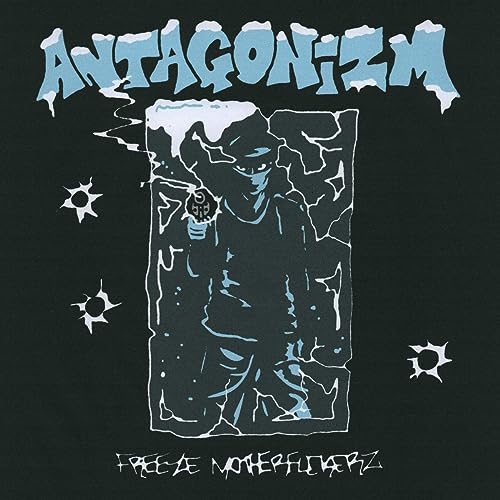 Dark album cover with icy text, a shadowy figure, and gun illustration.