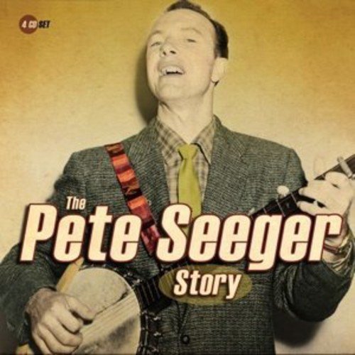 "Pete Seeger holding a banjo, smiling, with 'The Pete Seeger Story' text overlay."