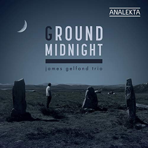 "Album cover with a man standing between standing stones under a crescent moon."